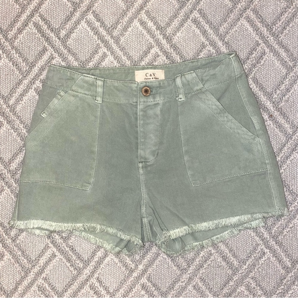 Chelsea & Violet sage green cut off raw hem high rise denim jeans shorts sz 28 6